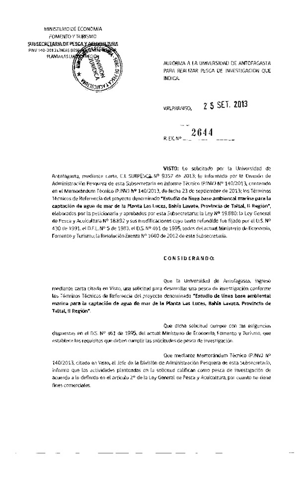 R EX Nº 2644-2013 Estudio dfe línea Base ambiental en captación de agua de mar de la Planta Las Luces Bahía Lavata Provincia de Taltal II Región.