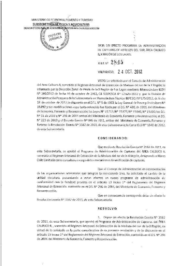  R EX Nº 2845-2012 Deja sin efecto Programa de administración, área Calbuco B, X Región de Los Lagos.