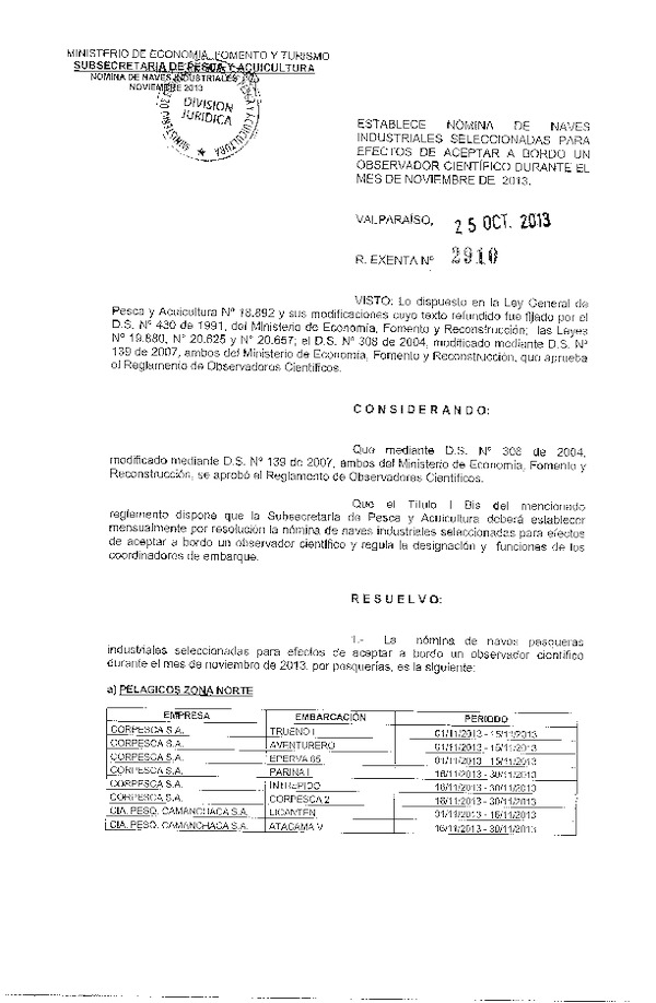 R EX Nº 2910-2013 NAVES MES DE NOVIEMBRE DE 2013