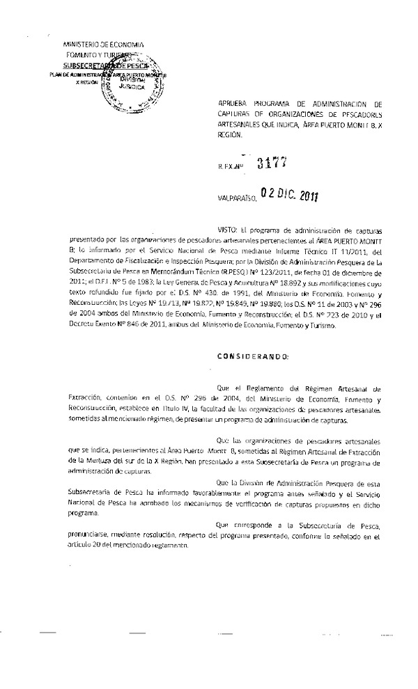 R EX Nº 3177-2011 Programa de Administración de captura Merluza del sur área Puerto Montt B, X Región.