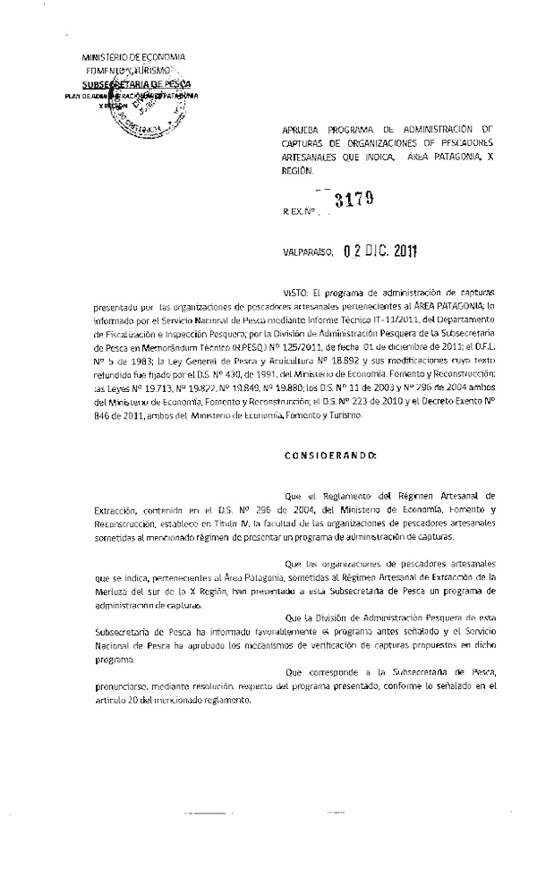 R EX Nº 3179-2011 Programa de Administración de captura Merluza del sur área Patagonia, X Región.