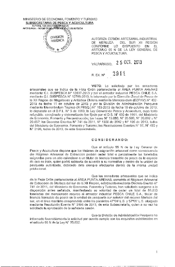 R EX Nº 2911-2013 Autoriza Cesión Recurso Merluza del sur XII Región.