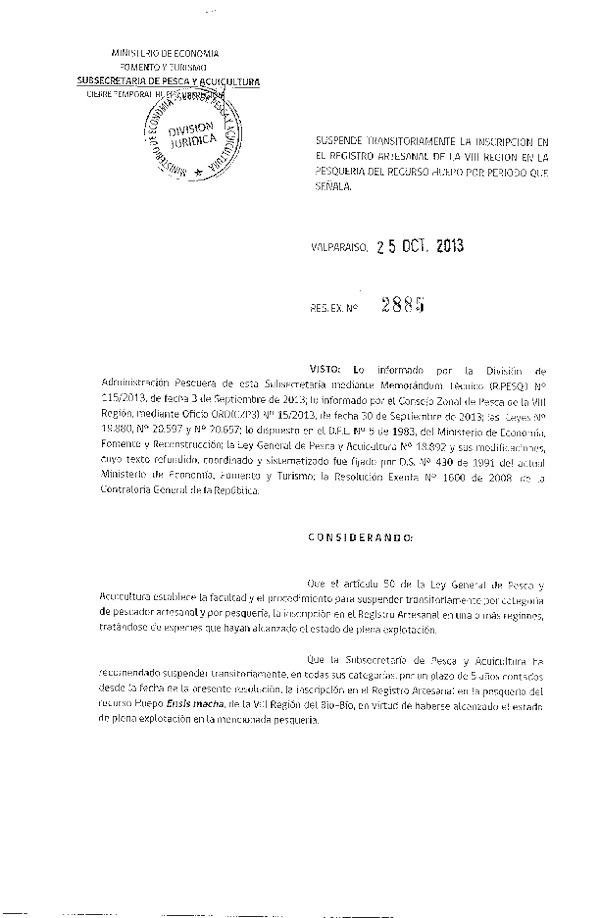 R EX Nº 2885-2013 Suspende Transitoriamente la Inscripción en el Registro Artesanal, recurso Huepo, VIII Región. (F.D.O. 04-11-2013)