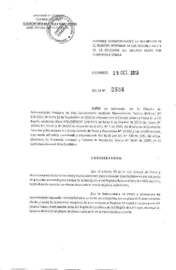 R EX Nº 2886-2013 Suspende Transitoriamente la Inscripción en el Registro Artesanal, recurso Huepo, VIII Región. (F.D.O. 04-11-2013)