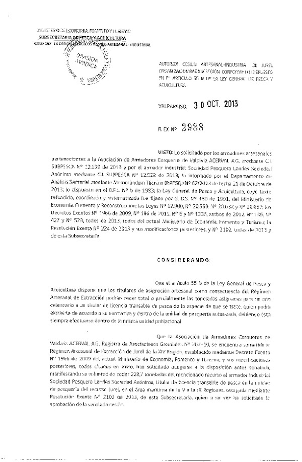 R EX Nº 2988-2013 Autoriza Cesión Recurso Jurel XIV Región.