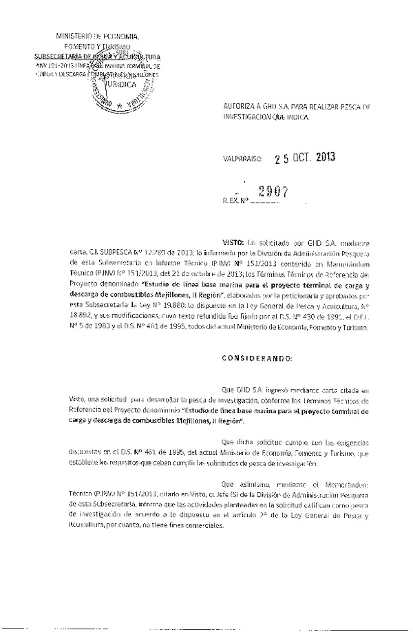 R EX Nº 2907-2013 Estudio de línea Base marina para el proyecto terminal de carga y descarga de combustible Mejillones II Región.