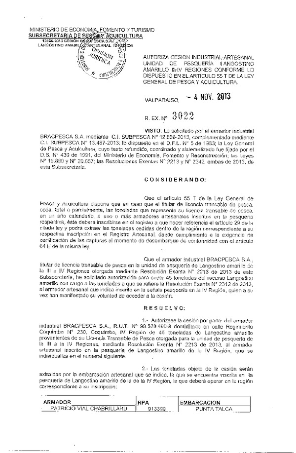 R EX Nº 3022-2013 Autoriza Cesión recurso Langostino Amarillo III-IV Región.