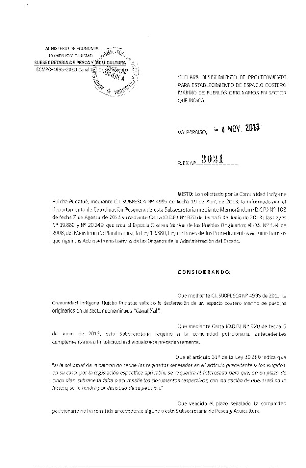 R EX Nº 3021-2013 Declara desistimiento de procedimiento para establecimiento de espacio costero marino Sector Canal Yal.