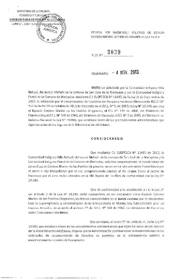 R EX Nº 3029-2013 Deniega solicitud de espacio costero marino.