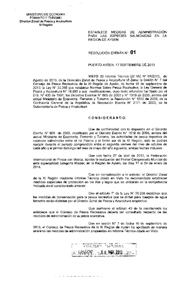 R EX Nº 1-2013 Establece Medidas de Administración Especies Salmónidas DZP XI Región. (F.D.O. 06-11-2013)