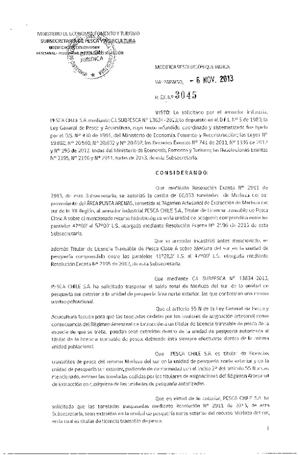 R EX Nº 3045-2013 Modifica R EX Nº 2911-2013 Autoriza Cesión Recurso Merluza del sur XII Región.