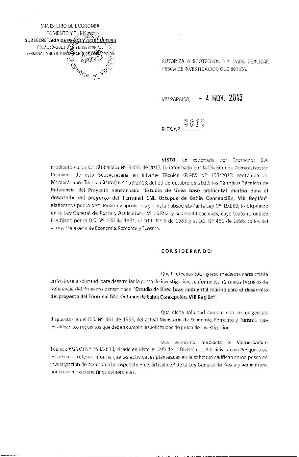 R EX Nº 3017-2013 Estudio dfe línea Base ambiental marina para el desarrollo proyecto Terminal GNL Octupus VIII Región.