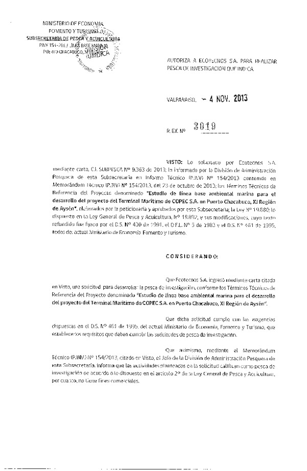 R EX Nº 3019-2013 Estudio de línea Base ambiental marina para el desarrollo del proyecto del Terminal Marítimo de COPEC S.A., en Puerto Chacabuco, XI Región.