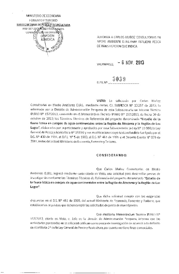 R EX Nº 3039-2013 Estudio de fauna íctica cuerpos de agua continentales entre la Región de Atacama y la Región de Los Lagos.