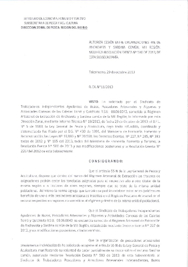 R EX Nº 11-2013 (DZP VIII Región) Autoriza Cesión Anchoveta y Sardina común. Modifica R EX Nº 580-2013. VIII Región.