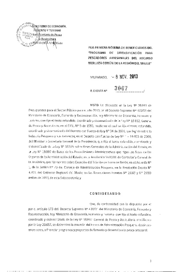 R EX Nº 3067-2013 Fija Priemra Nómina de beneficiarios del Programa de diversificación para pescadores artesanales del curso Merluza común de la Región del Maule.