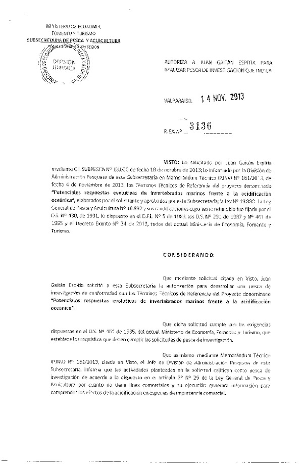 R EX Nº 3136-2013 Pesca de investigación erizo XIV Región.