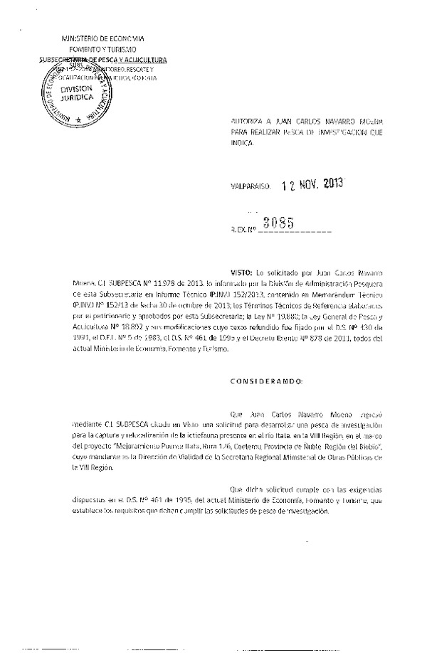R EX Nº 3085-2013 monitoreo, recate y relocalización fauna íctica Río Itata VIII Región.