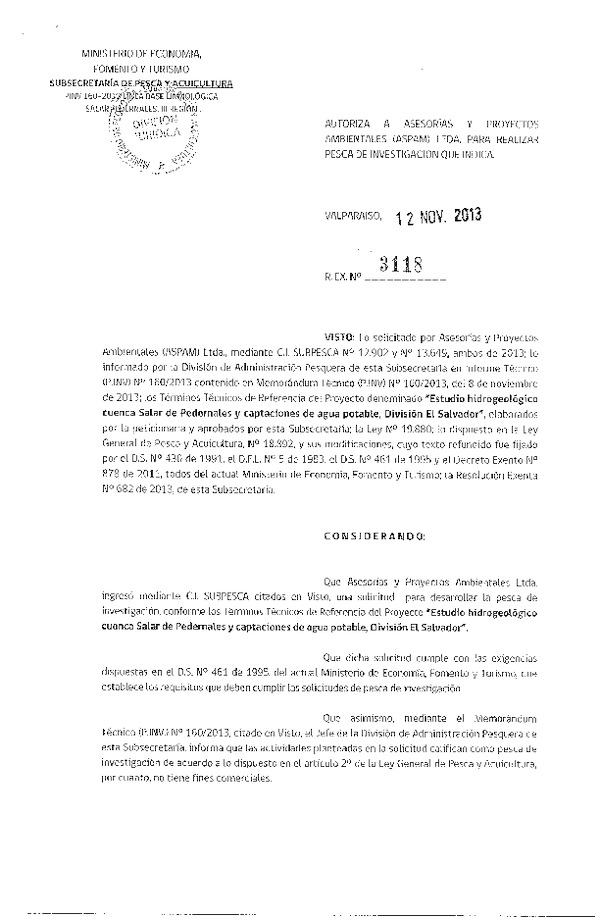R EX Nº 3118-2013 Línea base limnológica salar Pedernales, III Región.