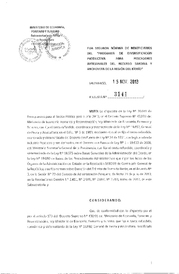 R EX Nº 3141-2013 fIJA segunda nómina de beneficiarios del Programa de Diversificación Productiva para Pescadores Artesanales del recurso Sardina y Anchoveta en la Región del Bíobio.