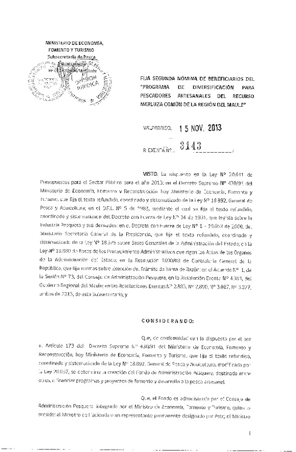 R EX Nº 3143-2013 Fija segunda nómina de beneficiarios del Programa de Diversificación para Pescadores Artesanales del recurso Merluza común en la Región del Maule.