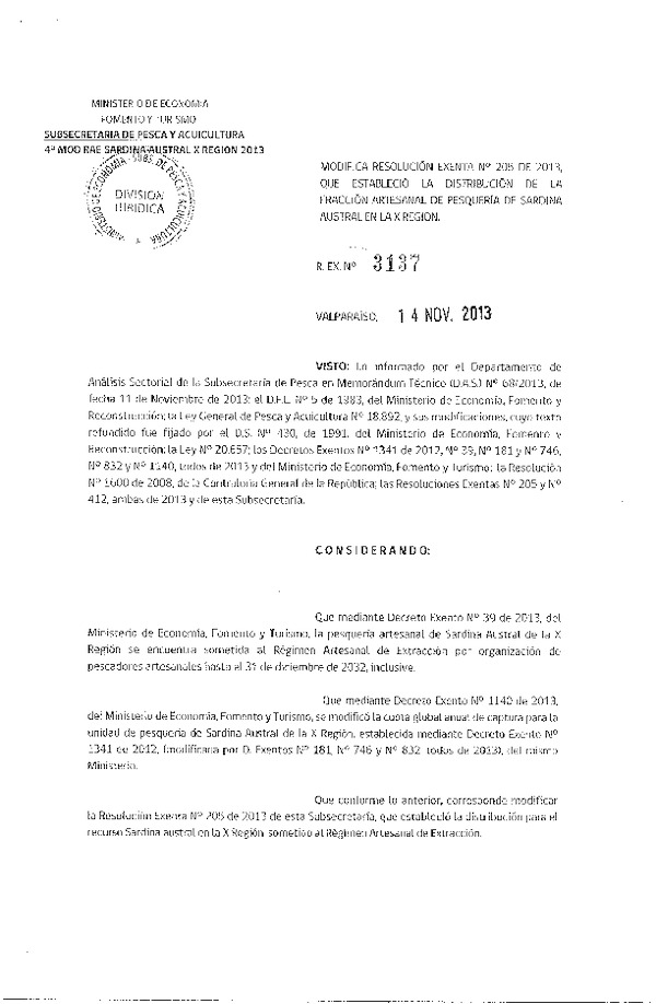 R EX 3137-2013 Modifica R EX Nº 205-2013 Distribución de la Fracción Artesanal de Sardina Austral X Reg. (F.D.O. 21-11-2013)