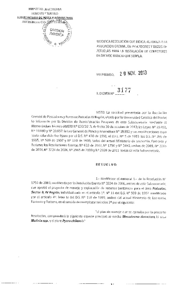 R EX Nº 3177-2013 MODIFICA R EX Nº 1756-2003. AUTORIZA INSTACION DE COLECTORES.