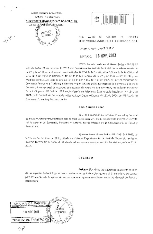 D EX Nº 1197-2013, Fija Valor de Sanción de especies hidrobiológicas que indica, Período 2013-2014. (F.D.O. 22-11-2013)