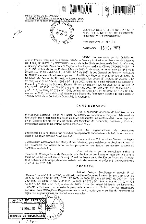 D EX Nº 1199-2013, Modifica D EX Nº 114-2005 Régimen Artesanal de Extracción Merluza del Sur, XI Región. (F.D.O. 22-11-2013)