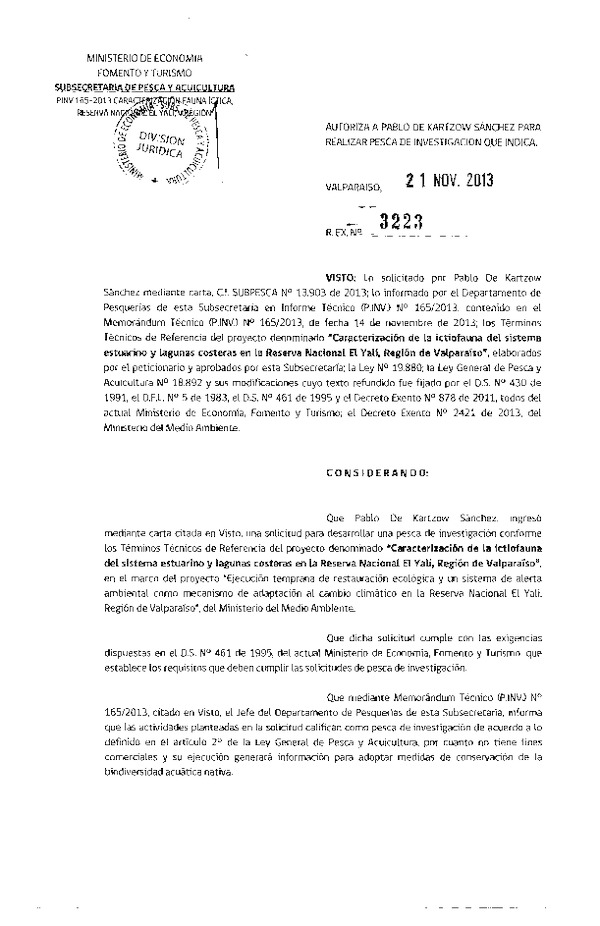 R EX Nº 3223-2013 Ictiofauna del sistema estuarino y laguna costera en las Reservas nacionales El Yali, Región de Valparaíso.