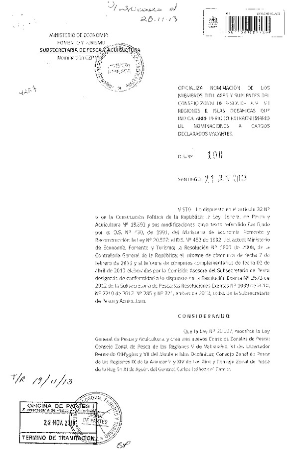 D.S. Nº 100-2013 Oficializa Nominación de Consejeros del Consejo Zonal de Pesca V-VII e Islas oceánicas y Abre Período Extraordinario de Postulación. (F.D.O. 28-11-2013)