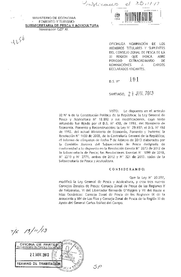 D.S. Nº 101-2013 Oficializa Nominación de Consejeros del Consejo Zonal de Pesca XI Región y Abre Período Extraordinario de Postulación. (F.D.O. 28-11-2013)