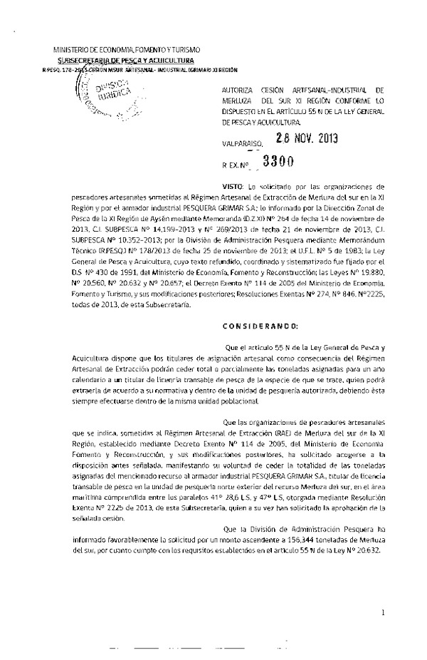 R EX Nº 3300-2013 Autoriza Cesión Recurso Merluza del sur XI Región.