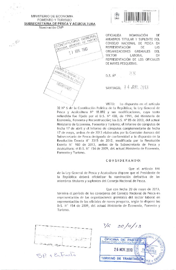 D.S. N° 88-2013 Oficializa Nominación de Consejeros del Consejo Nacional de Pesca (F.D.O. 30-11-2013)