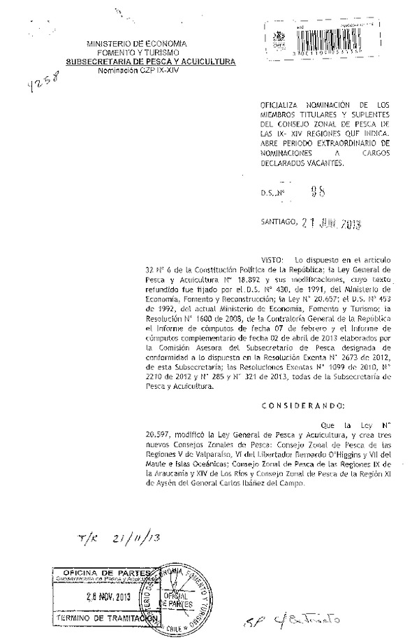 D.S. Nº 98-2013 Oficializa Nominación de loa Miembros titulares y suplentes del Consejo Zonal de Pesca de las IX-XIV Región.(F.D.O. 30-11-2013)