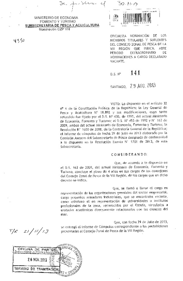D.S. Nº 141-2013 Oficializa Nominación de Consejeros del Consejo Zonal de Pesca VIII Región. (F.D.O. 30-11-2013)