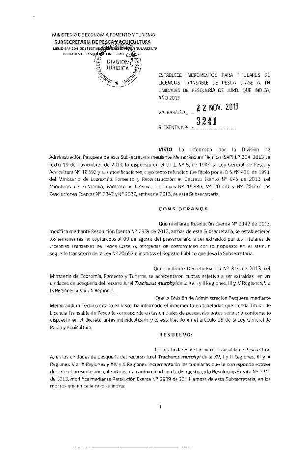 R EX Nº 3241-2013 Establece Incrementos para Títulares de Licencias Transables de Pesca Clase A, Jurel. (F.D.O. 30-11-2013)