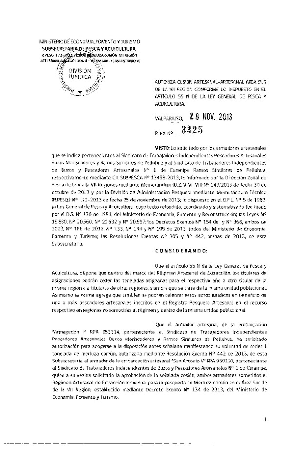 R EX Nº 3325-2013 Autoriza Cesión recurso Merluza Común VII Región.