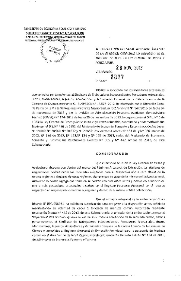 R EX Nº 3327-2013 Autoriza Cesión recurso Merluza Común VII Región.