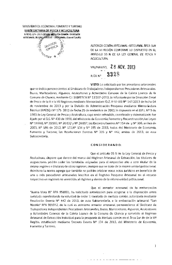 R EX Nº 3328-2013 Autoriza Cesión recurso Merluza Común VII Región.