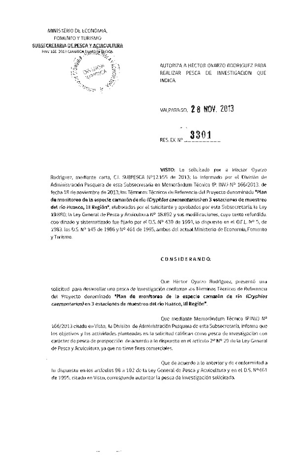 R EX Nº 3301-2013 Plan de monitoreo de la especie camarón de río, III Región.