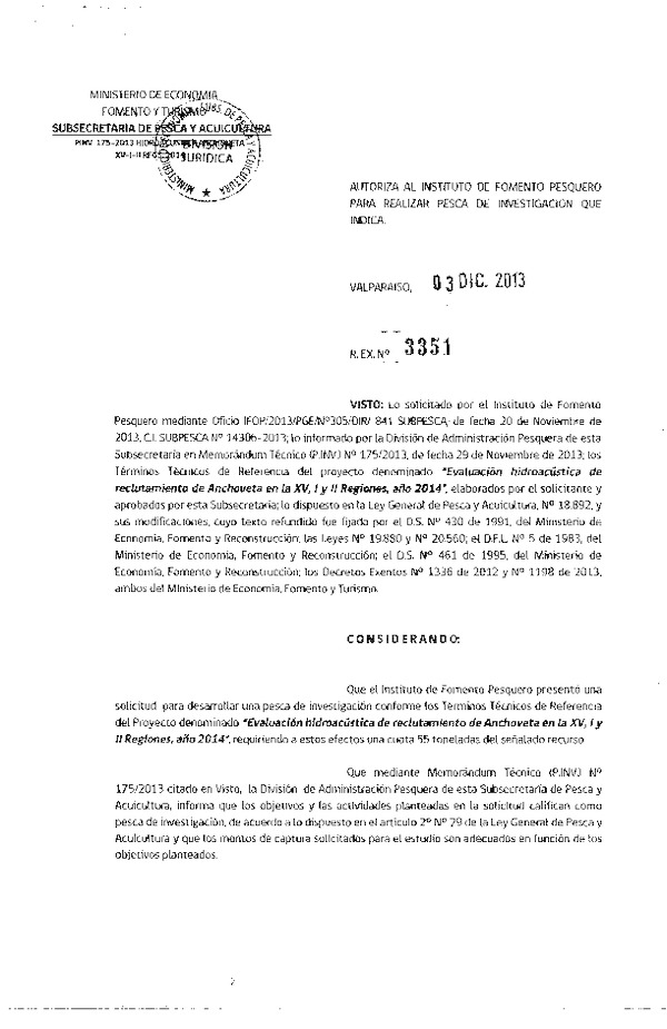 R EX Nº 3351-2013 Evaluación Hidroacústica de reclutamiento de Anchoveta XV-II Región.