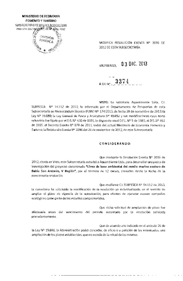 R EX Nº 3374-2013 Modifica R EX Nº 3096-2012 Línea base ambiental del medio costero de bahía San Antonio, V Región.