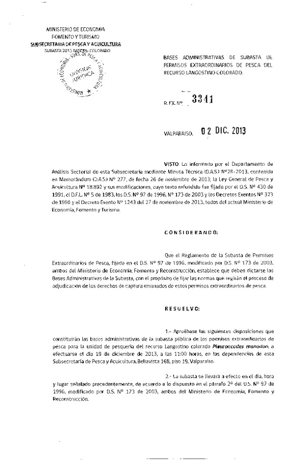 R EX Nº 3341-2013 Bases Administrativas de Subasta de Permisos Extraordinarios de Pesca del Recurso Langostino Colorado.