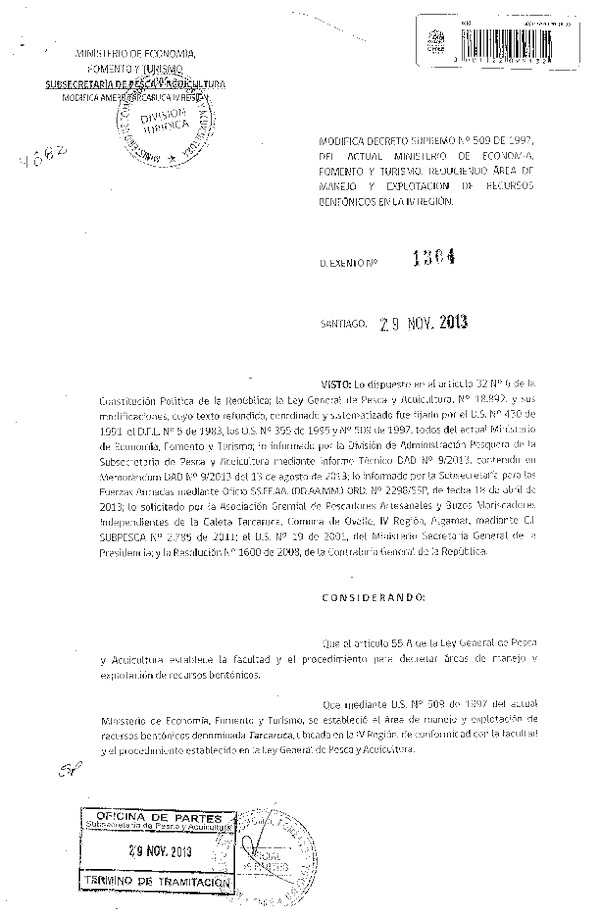 D EX Nº 1304-2013 Modifica D.S. Nº 509-1997 Área de manejo Tarcaruca IV Región. (F.D.O. 06-12-2013)