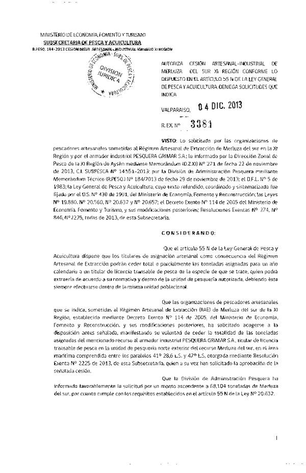 R EX Nº 3381-2013 Autoriza Cesión Recurso Merluza del sur XI Región.