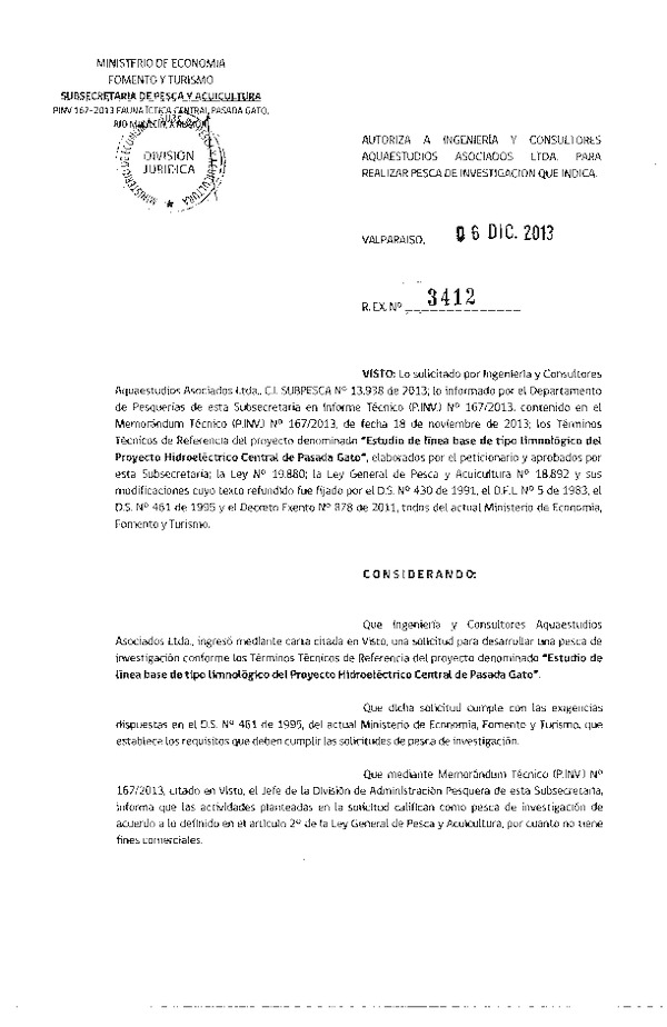 R EX Nº 3412-2013 Estudio Línea base de tipo limnológico del proyecto Hidroeléctrico Central