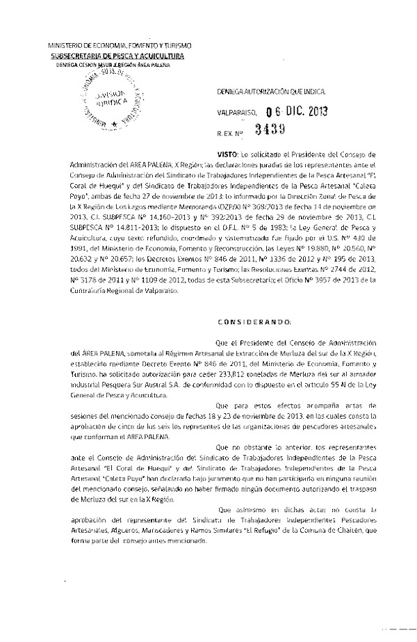 R EX Nº 3439-2013 Deniega Autorización Cesión Recurso Merluza del sur X Región.