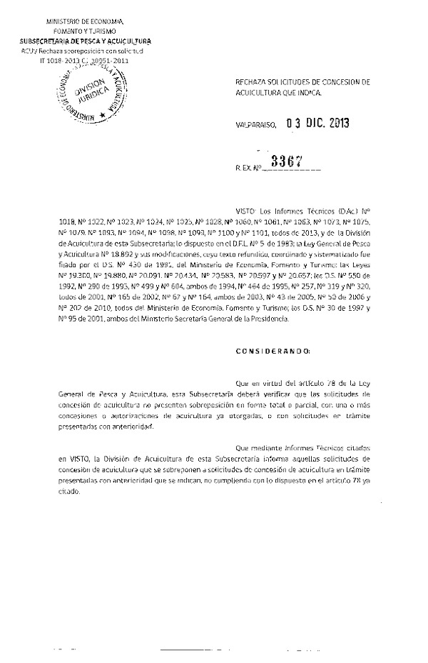 R EX Nº 3367-2013 Rechaza.