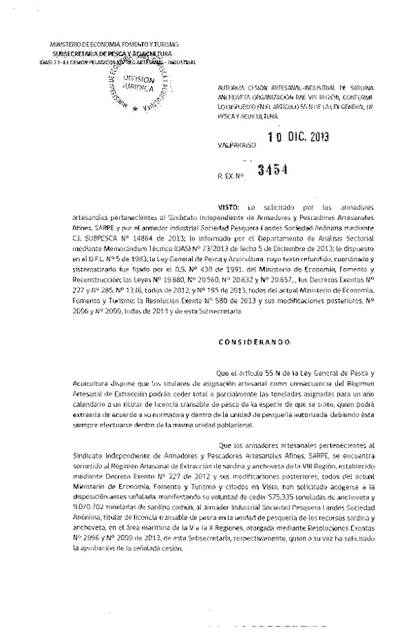 R EX Nº 3454-2013 Autoriza Cesión Recurso Anchoveta y Sardina común VIII Región.